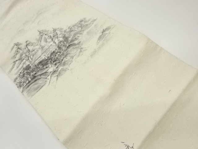 リサイクル　作家物　ひげ紬手描き山並みに民家風景模様名古屋帯